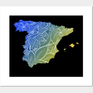 Colorful mandala art map of Spain with text in blue and yellow Posters and Art